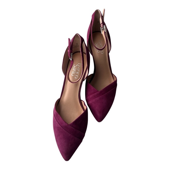 Franco Sarto Faye Plum Purple Suede Pointed Toe Ankle Strap Wedge Heels Size 8 - Picture 1 of 10